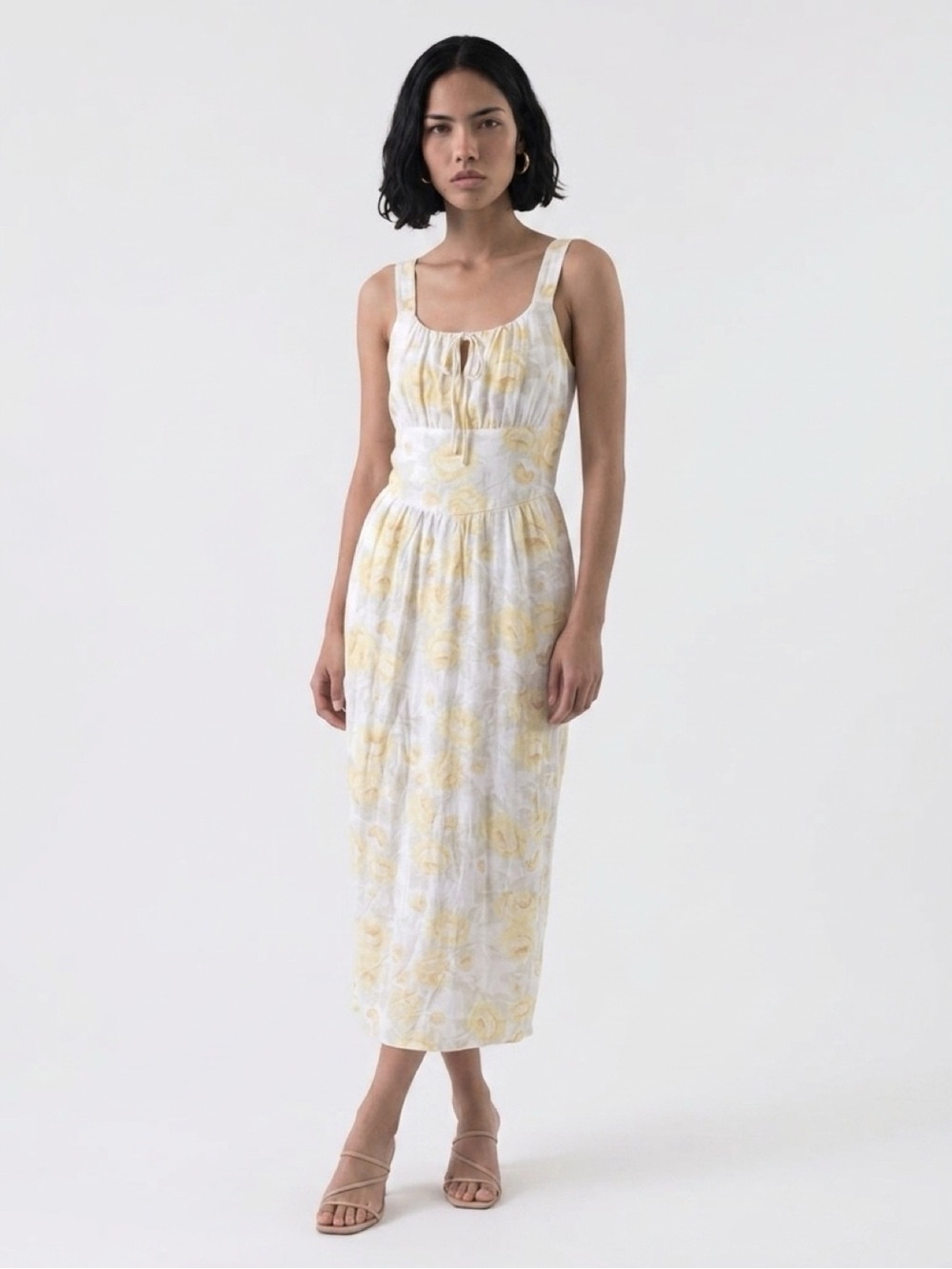 Women’s Monteau Los Angeles White & Yellow Floral Smocked Midi Sundress – Size M
